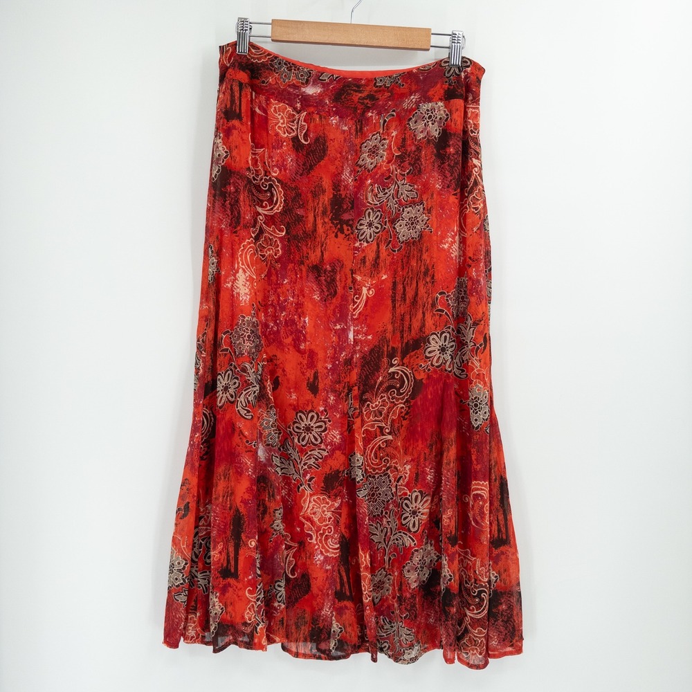 Y2K‎ Boho Midi Skirt Womens 14 Red Floral Print Chiffon Flowy Romantic 2000s